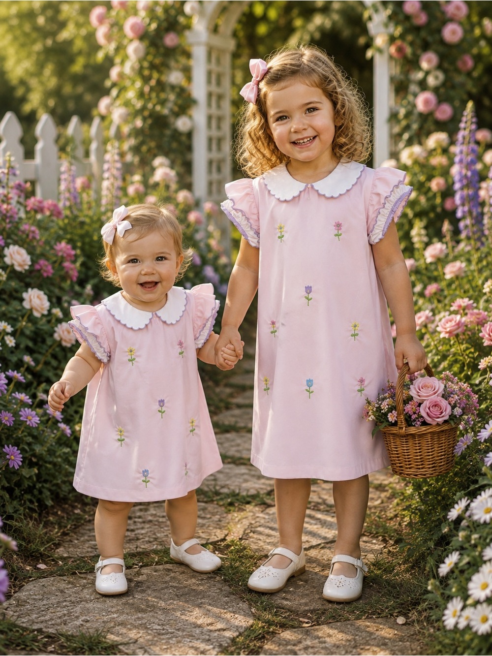 SISTER SET 18M AND 4T Pink Embroidered Peter Pan Collar Dresses for Girls
